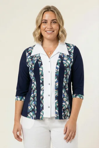 camicia blu navy con foglie verdi e inserto bianco