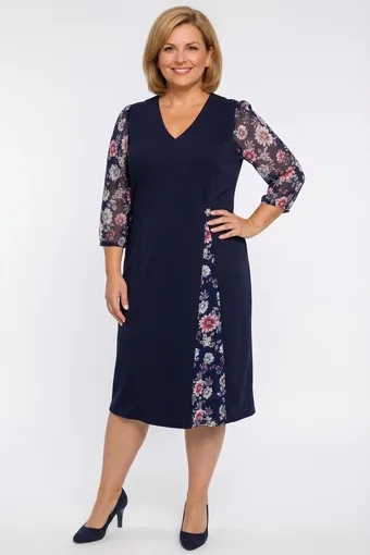 Abito blu navy con maniche in chiffon e fiori rosa