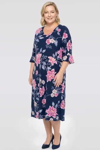 Abito blu navy con fiori bianchi e rosa