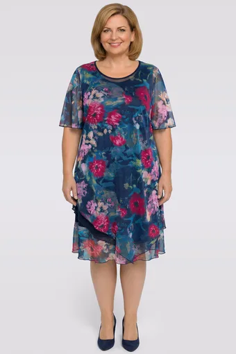 Abito blu navy con fiori viola e rosa