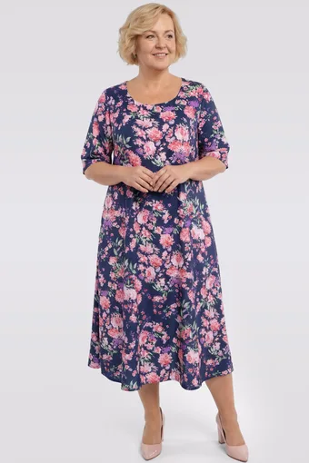 Abito blu navy con fiori viola e rosa