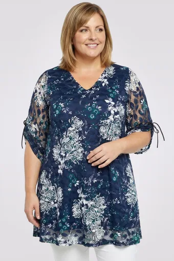 Tunica in pizzo blu navy con fiori rosa e bianchi