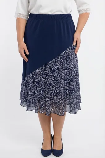 Gonna in chiffon blu navy con inserto floreale grigio