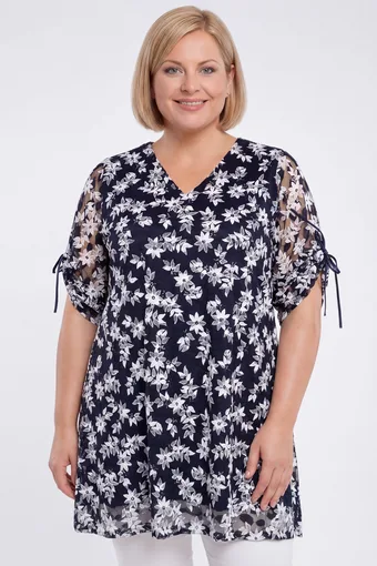 Tunica in pizzo blu navy con fiori bianchi
