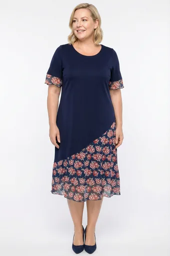 Abito blu navy con gonna a fiori rossi