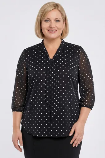 Camicetta bianca con cravatta, cinture blu navy con pois dorati