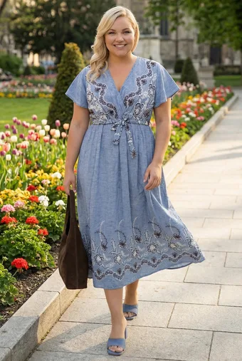 Un abito che sembra di jeans con fiori ricamati