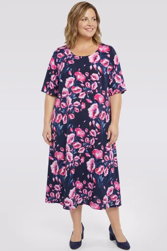 copia di Abito blu navy con fiori viola e rosa