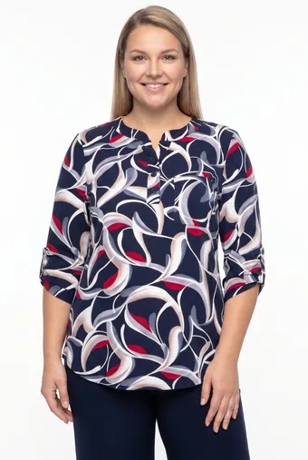 Camicetta blu navy con motivi grigi e rossi