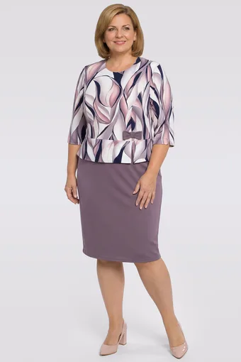 Abito viola scuro con fiocco e motivi blu navy