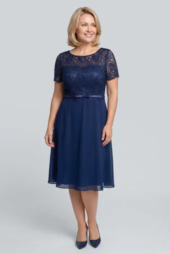 copia di copia di copia di copia di copia di copia di Abito blu navy con pois bianchi e decorazioni