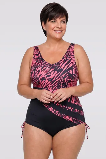 costume da bagno blu navy con motivi tropicali arancioni