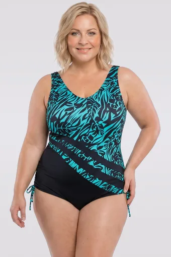 copia di costume da bagno blu navy con motivi tropicali arancioni