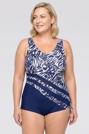copia di copia di costume da bagno blu navy con motivi tropicali arancioni