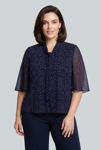 copia di Camicetta beige con fiocco, fantasia blu navy e pois dorati