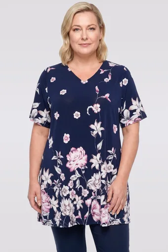 Tunica bianca con fantasia blu navy e rosa