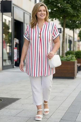 Tunica bianca con cinture rosa e blu navy