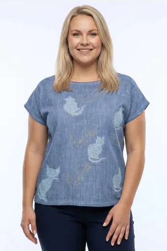 Blusa in denim con motivo a gatto