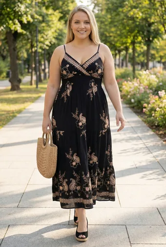 Abito nero con ricami beige