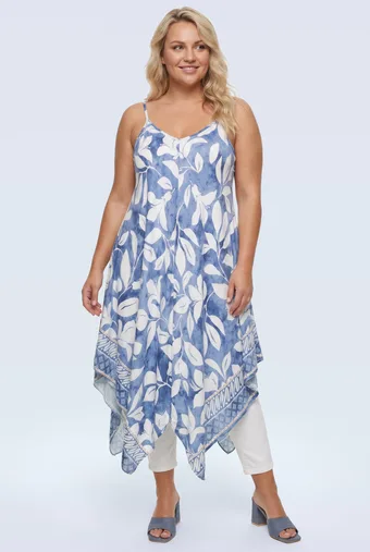 Tunica blu con spalline e foglie bianche